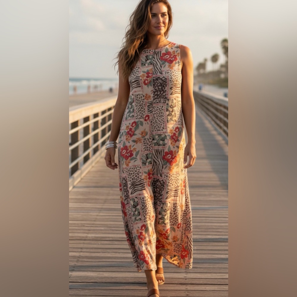 Virgo Floral and Animal Print Maxi Dress Sz 18 Animal Print Floral Patching Prin